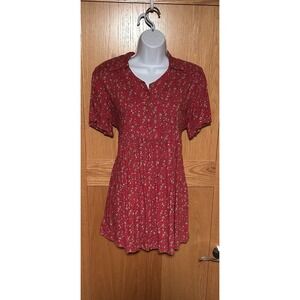 Vintage 90s Maternity Cottagecore Babydoll Red Floral Collared Botton Dress M